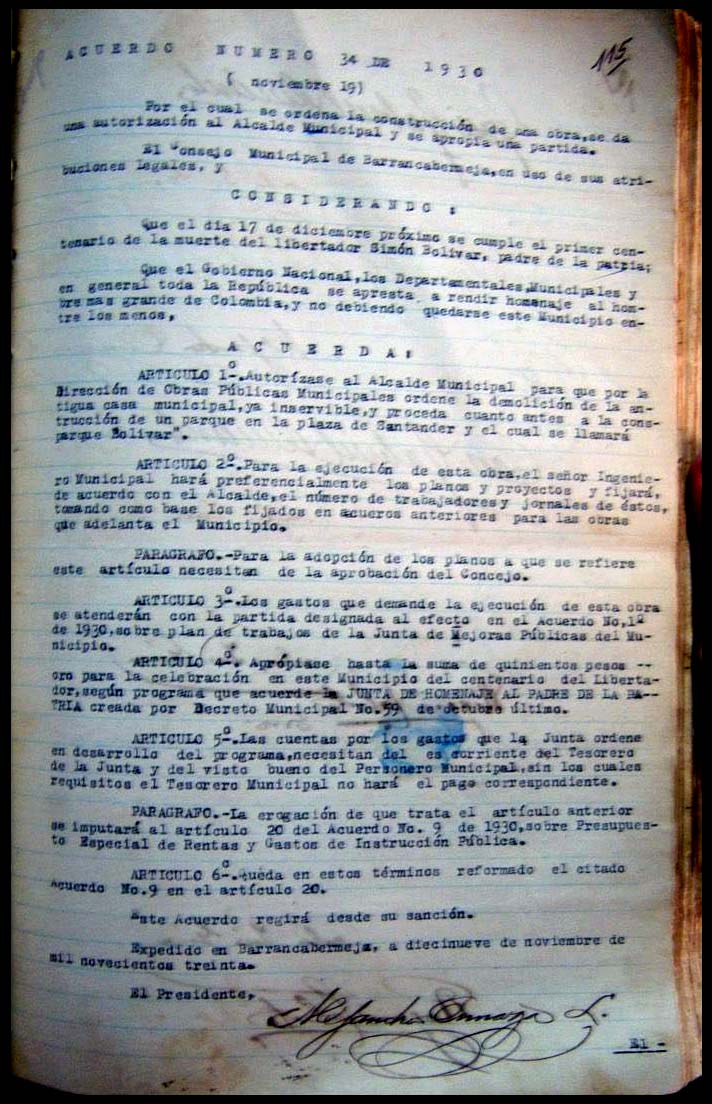 Acuerdo34 1930Plaza de Bolivar Barrancabermeja